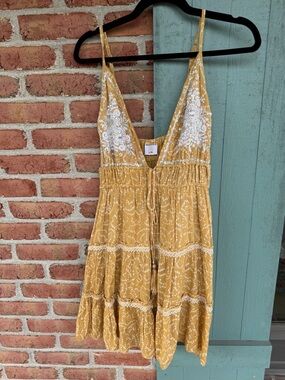 Embroidered Mustard Tiered Mini Dress with V-Neck